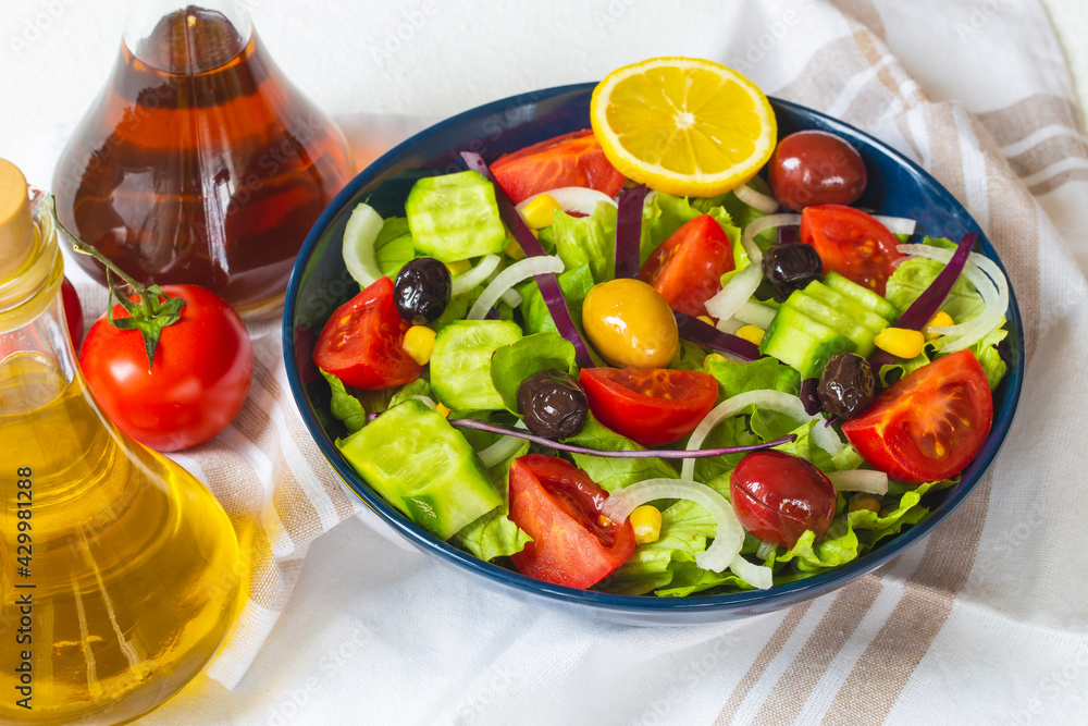 Mediterranean salad. It contains plenty of olive oil and vinegar water. It's a great salad for dieters. A widely consumed salad for a healthy diet.