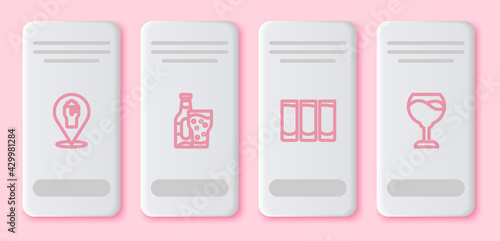 Set line Alcohol or beer bar location, Beer bottle and glass, Shot and Wine. White rectangle button. Vector