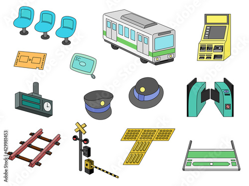 線画　カラー　帽子　電車　改札　切符　ベンチ　踏切　点字ブロック　看板　線路　切符売り場　定期券等