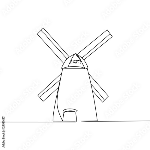 Continuous one line of windmill in silhouette . Minimal style. Perfect for cards, party invitations, posters, stickers, clothing. Black abstract icon.
