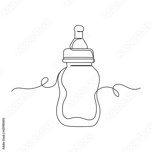 Continuous one line of baby milk bottle in silhouette . Minimal style. Perfect for cards, party invitations, posters, stickers, clothing. Black abstract icon.