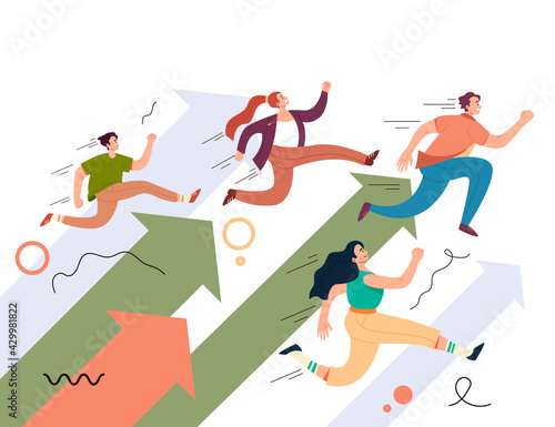 People teamwork characters running way forward. Business start up success competition project concept. Vector flat graphic design cartoon midern style illustration 