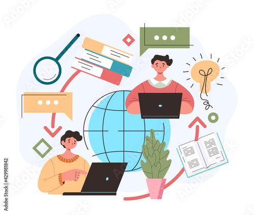 Language foreign translate multilingual online web internet dictionary by laptop computer concept. Vector flat graphic design cartoon midern style illustration