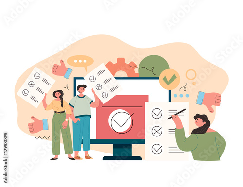 People voters characters pulling down ballot. Online web internet electronic voting election on computer monitor screen concept. Vector flat graphic design cartoon midern style illustration