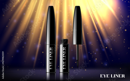 Glamour mascara ads, curling blank streamline and product package in 3d illustration