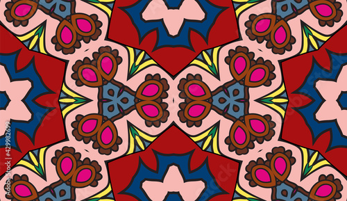 Fototapeta Naklejka Na Ścianę i Meble -  Abstract colorful doodle geometric flower seamless pattern. Floral background. Mosaic, geo tile of thin line ornament.