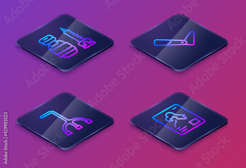Set Isometric line Syringe, Walking stick cane, Prosthesis leg and X-ray shots. Blue square button. Vector