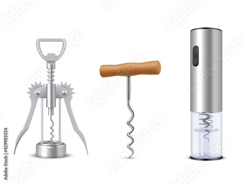 Collection realistic wine bottle openers vector illustration corkscrew with wooden metallic handle