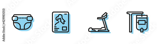 Set line Treadmill machine, Adult diaper, X-ray shots and IV bag icon. Vector