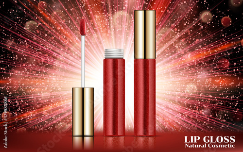 Attractive red lip gloss ads, sticky and glossy liquid texture with glass container in vector design illustration.