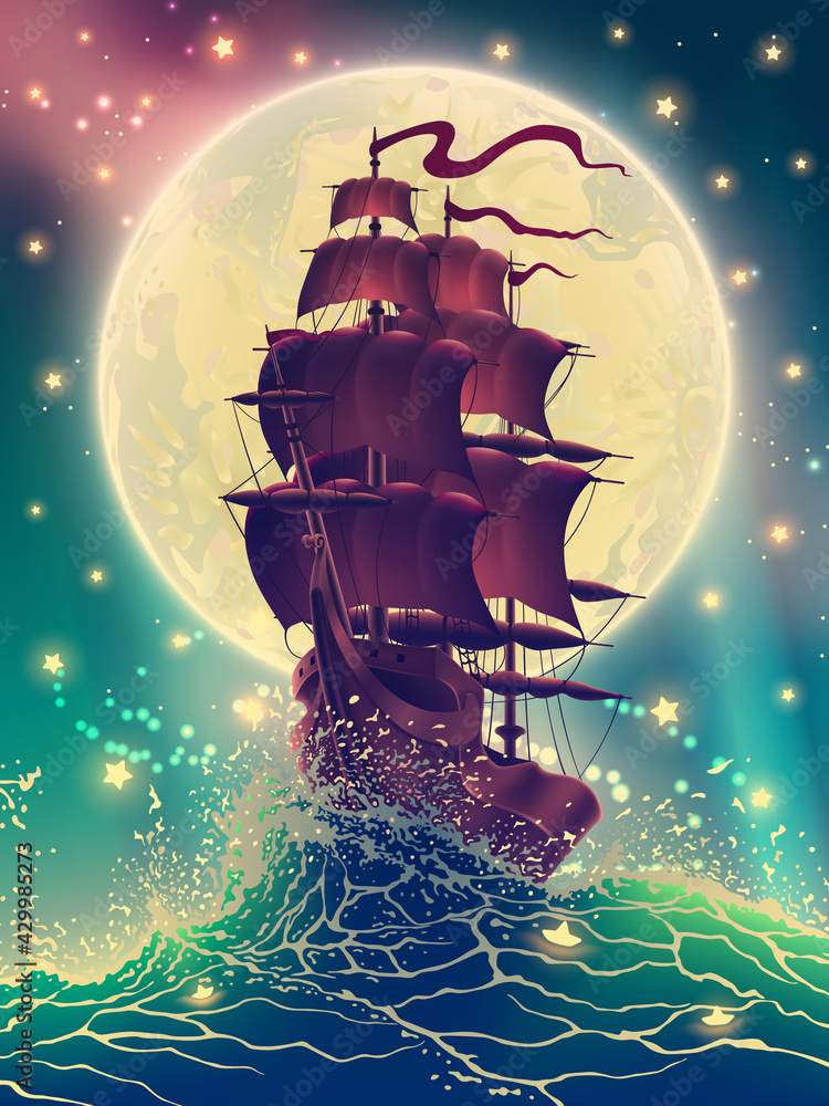 Obraz premium Ship with sails on the waves with water splashes in the sea or ocean over starry sky and moon light illustration in vector. Digital high detailed fantasy landscape drawing.