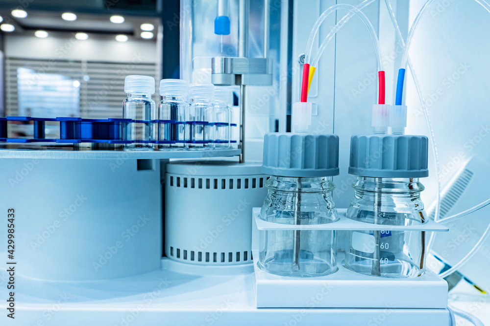 Automatic titrator. Laboratory equipment close up. Titration device in laboratory. Automatic