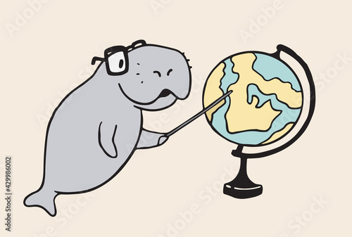 Dugong character. Vector hand-drawn Manatee or Sea Cow mascot illustration. Teaching geography with globus cartoon isolated emoji animal