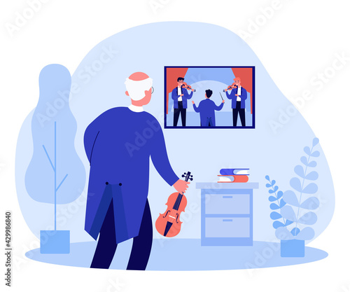 Old violinist watching musical performance on TV. Elder with violin, musicians playing instruments flat vector illustration. Music, nostalgia concept for banner, website design or landing web page