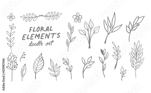Hand drawn floral elements. Swirls  laurels  arrows  leaves  flowers and branches. Doodle botanical elements.