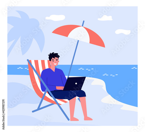 Happy man working remotely at beach. Worker with laptop sitting on chair by sea flat vector illustration. Freelancing, remote work, vacation concept for banner, website design or landing web page