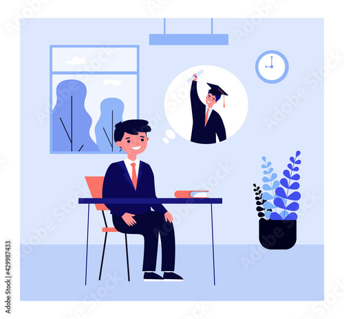 Pupil thinking of graduating from university. Boy in school uniform daydreaming in class flat vector illustration. School, graduation, education concept for banner, website design or landing web page