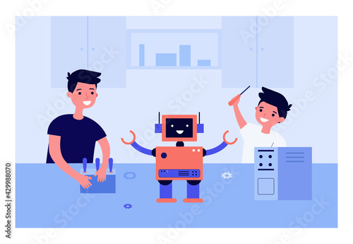 Happy children making robot together. Brothers creating machine for school project flat vector illustration. Engineering, hobby, AI, education concept for banner, website design or landing web page