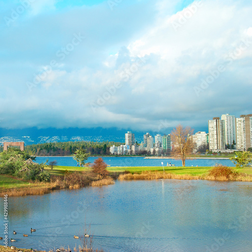Green park landscape near sea in Vancouver, Canada