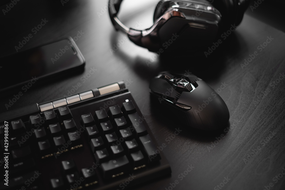 gamer workspace concept, top view a gaming gear, mouse, keyboard and headset gamer workspace concept, top view a gaming gear, mouse, keyboard and headset