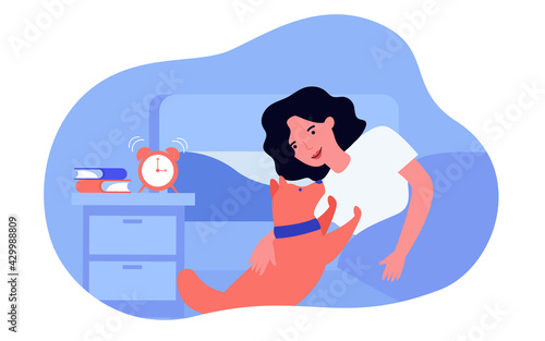 Dog waking owner up in morning. Woman stroking pet, alarm clock buzzing on bedside table flat vector illustration. Pets, domestic animals concept for banner, website design or landing web page