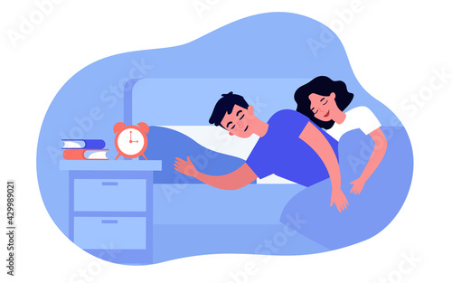 Married couple sleeping in bed. Wife hugging husband, alarm clock on bedside table flat vector illustration. Sleeping, relationship, love concept for banner, website design or landing web page