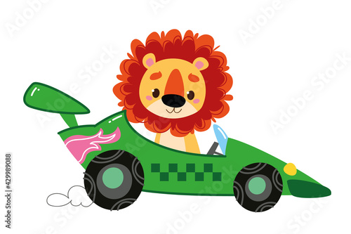 Vector modern cartoon racing green car. At the wheel, the driver is an animal - a lion. Auto kids funny and cute logo. Boyish print - for clothes, postcards, banners. Comic clipart drive