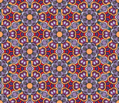 Abstract colorful doodle geometric flower seamless pattern. Floral background. Mosaic  geo tile of thin line ornament.