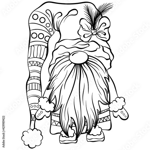 Christmas or garden scandinavian gnome in a long hat with a pom pom. Cute nisse or tomte cartoon character. Vector hand drawn illustration in line art style isolated. For coloring book, postcards