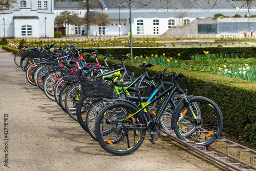 Bicycles in a row in the bicycle parking.