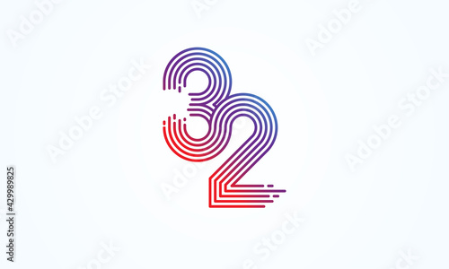 Abstract 32 Number Logo, number 32 monogram line style, usable for anniversary, business and tech logos, flat design logo template, vector illustration