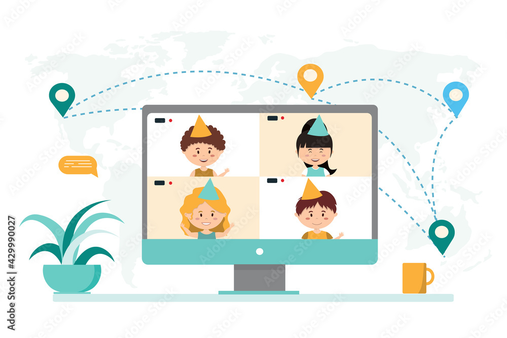 Happy birthday! Children's holiday with cake and balloons on the laptop screen. Video chat online. Internet communication during quarantine. In cartoon style. Vector illustration Happy birthday! Children's holiday with cake and balloons on the laptop screen. Video chat online. Internet communication during quarantine. In cartoon style. Vector illustration