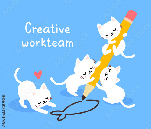 Vector illustration of cute happy white cat with pencil drawing fish