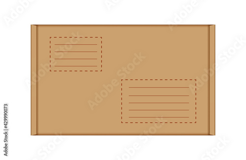 cardboard carton box in top view, brown box or kraft package crate box isolated on white