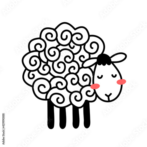 Vector illustration of cute line sheep with curly wool