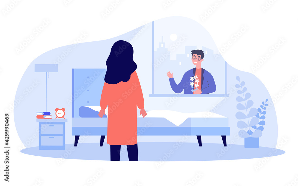 Boyfriend surprising girlfriend with flowers. Man greeting lover in morning, waving through window flat vector illustration. Romance, love concept for banner, website design or landing web page Boyfriend surprising girlfriend with flowers. Man greeting lover in morning, waving through window flat vector illustration. Romance, love concept for banner, website design or landing web page