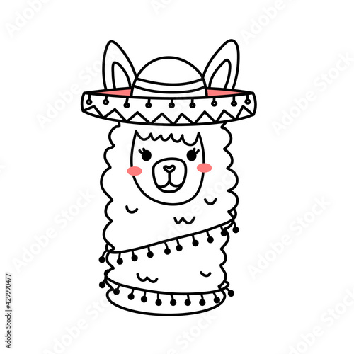 Vector illustration of head of cute line art llama with hat and accessory