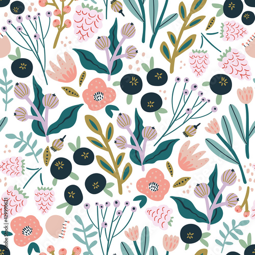 Seamless pattern with flowers, blueberry and leaves, rasberry. Creative hight detailed floral texture. Great for fabric, textile Vector Illustration