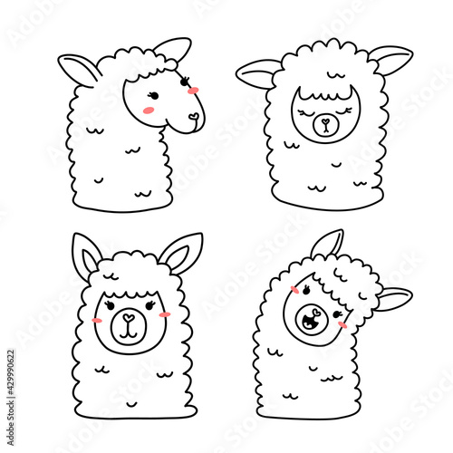 Vector set of illustration of head of cute happy line art llama