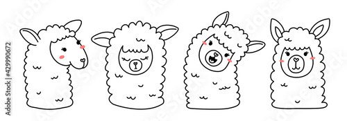 Vector set of illustration of head of cute happy line art llama