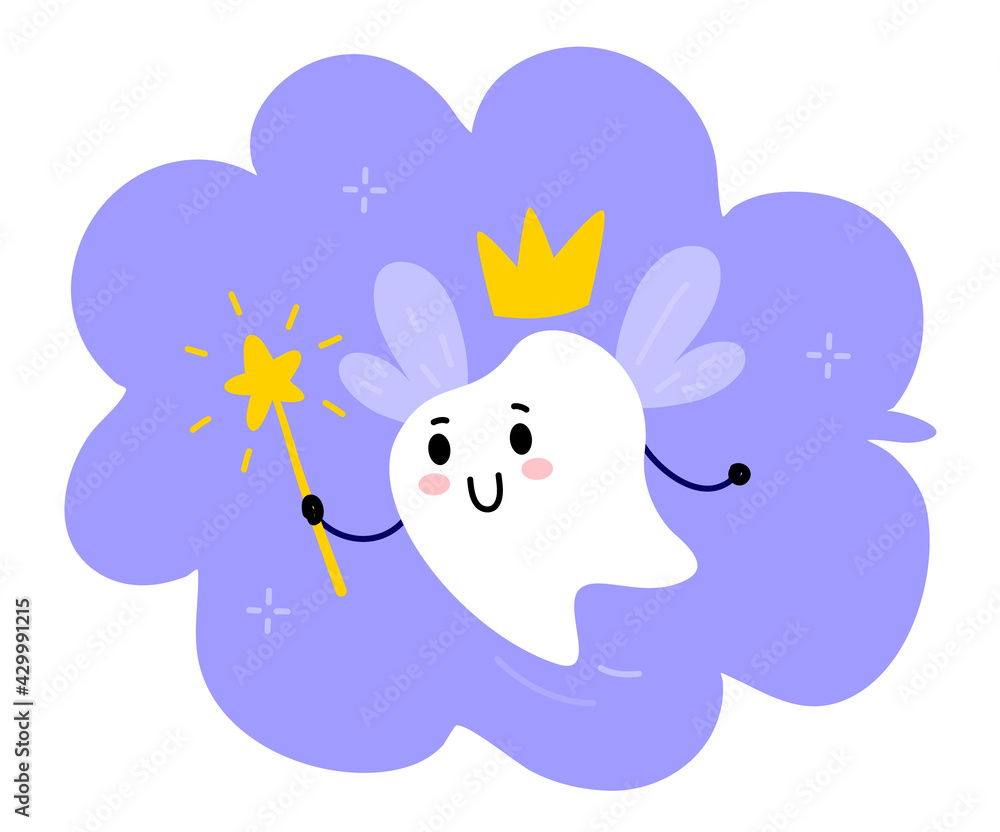 Vector illustration of cute tooth fairy character with magic wand and ...