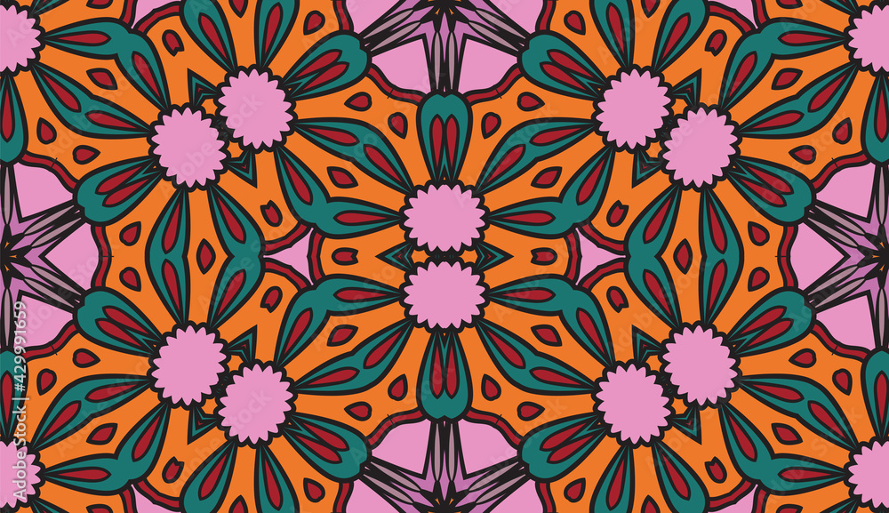 Abstract colorful doodle geometric flower seamless pattern. Floral background. Mosaic, geo tile of thin line ornament.