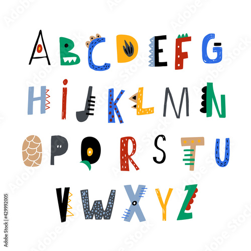 Decorative kids abc in funny dino style. Creative alphabet isolated. Vector illustration