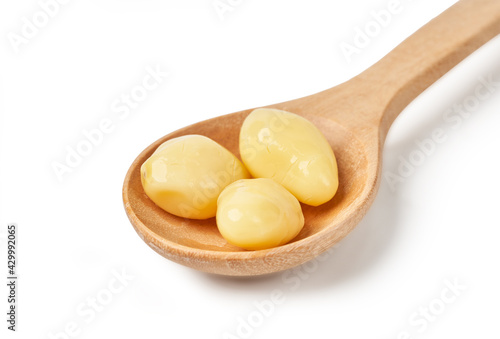 ginkgo biloba seed in wooden spoon isolated on white background with clipping path