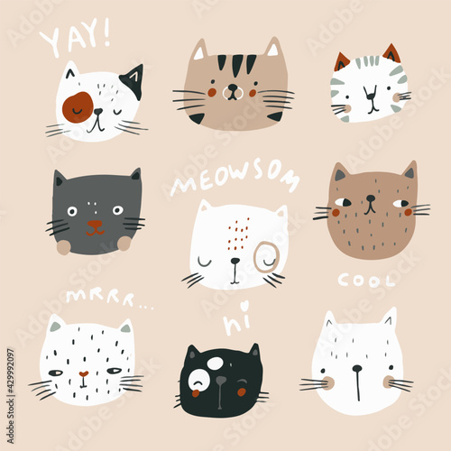 Set of cute cartoon cats heads and lettering quotes. Ready.print for nursery,apparel,cards. Vector Illustration