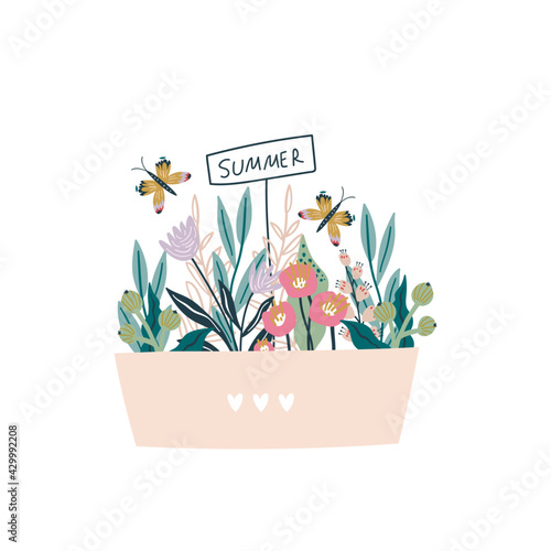 Floral composition with flowers, branches, berries butterflies in pot isolated on white .Ready design for greeting card, posters, apparel