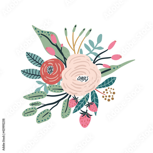 Floral composition with flowers, branches, strawberry, berries .Ready design for greeting card, posters, apparel