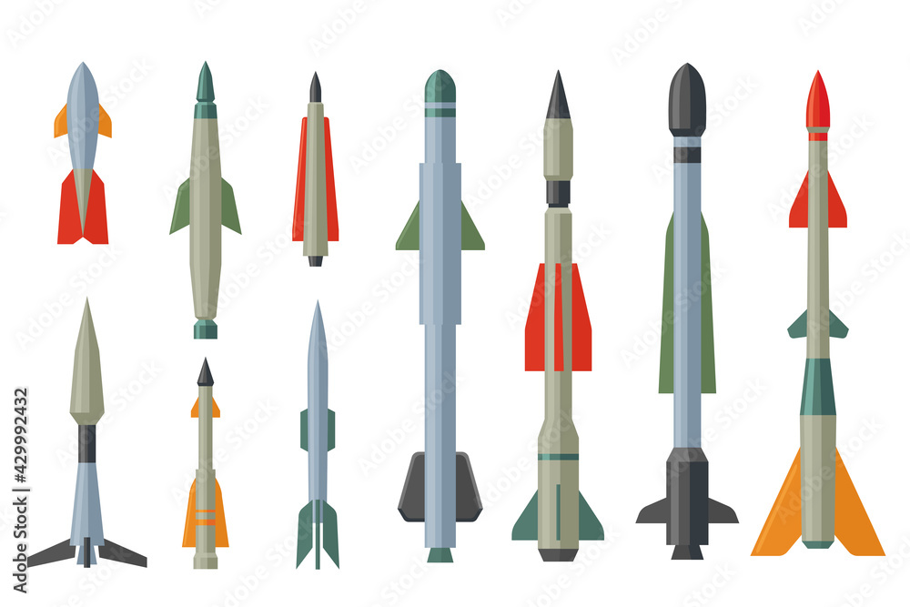 Set of cartoon missiles and rockets flat vector illustration. Army dangerous ballistic, atomic, air weapon, isolated in white background. Striking, war, explosive weapon, concept for banner design Set of cartoon missiles and rockets flat vector illustration. Army dangerous ballistic, atomic, air weapon, isolated in white background. Striking, war, explosive weapon, concept for banner design