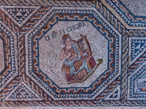 Terpsichore - one of 9 muses portrayed in medalion with geometric ornamented borders. The Roman floor mosaic is freely accessible for everybody outdoors in Vitchen, Luxembourg