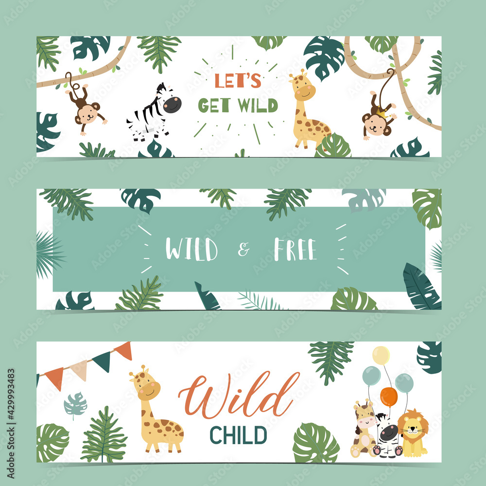 Fototapeta premium Set of cute safari with giraffe, zebra,monkey.Vector illustration for baby invitation, kid birthday invitation,banner and postcard
